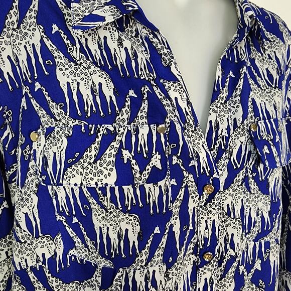 Charter Club Shirt Womens Large Giraffe Safari Print Button Blue Long Tab Sleeve - Picture 6 of 11